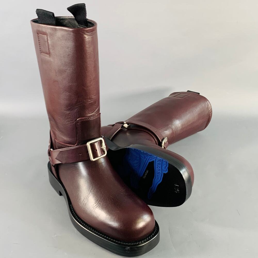 BURBERRY Size 9.5 Burgundy Leather Calf High Pull On Harness Boots - Picture 5 of 9